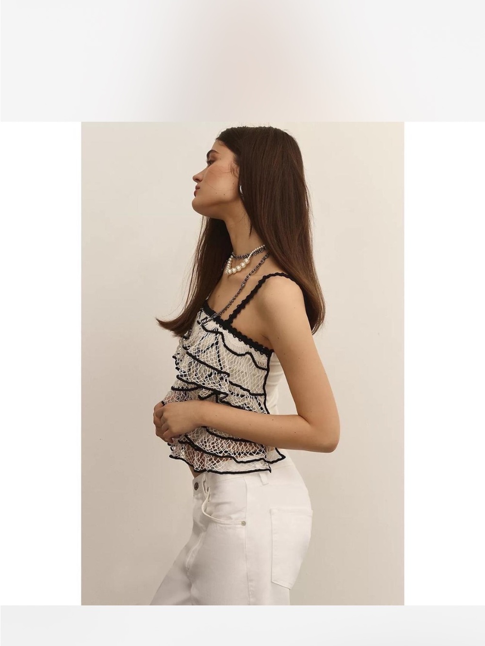 Anthropologie White Cami with Black Trim Ruffle Detail - Picture 3 of 5